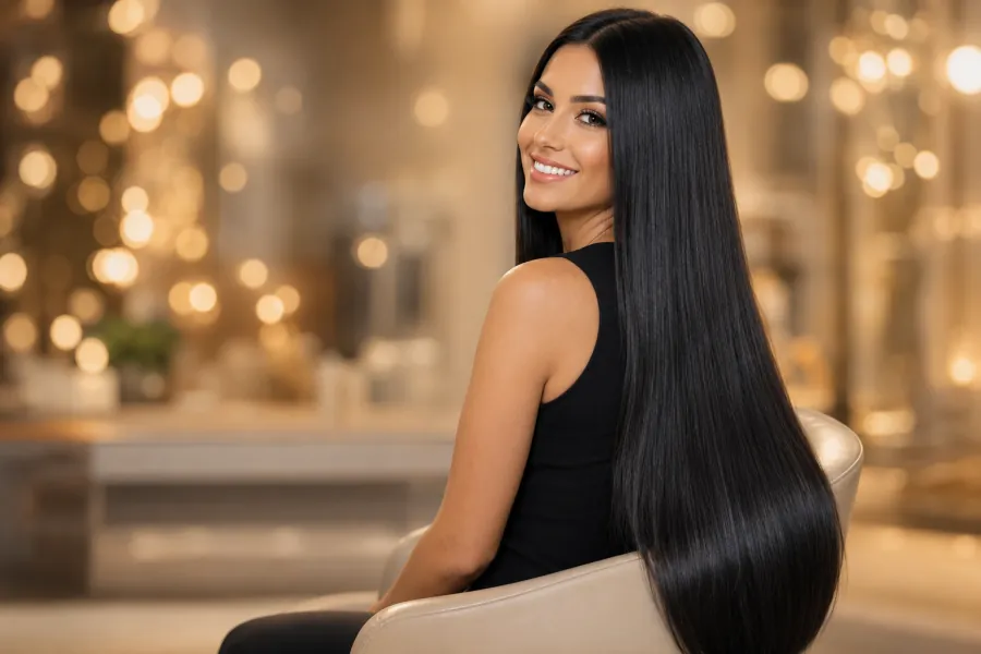 Escova progressiva profissional em cabelo liso, salão Maison Soleil Jardins São Paulo